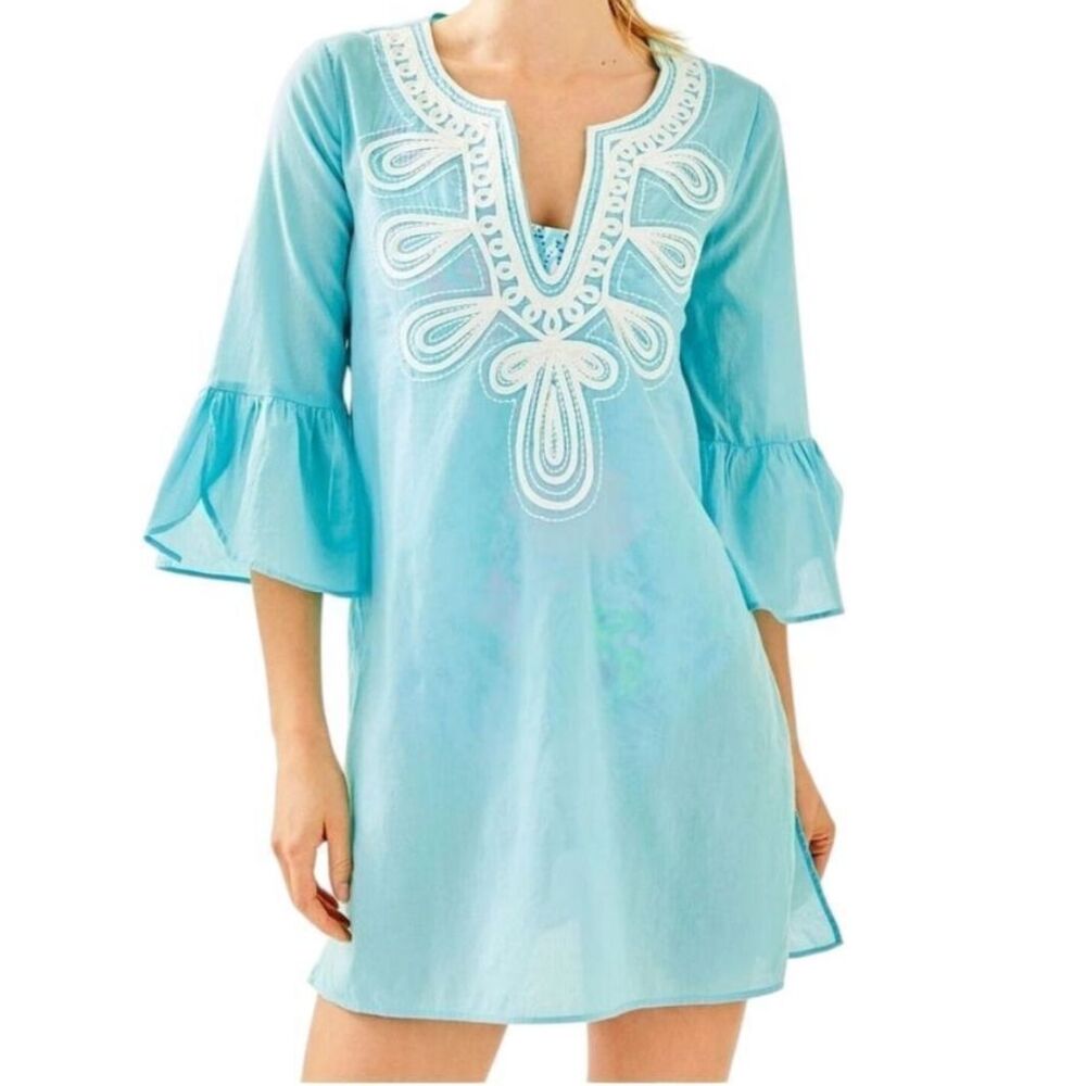Lilly Pulitzer Piet Tunic Dress Coverup Embroidered Blue Bell Sleeve Blouse XS
